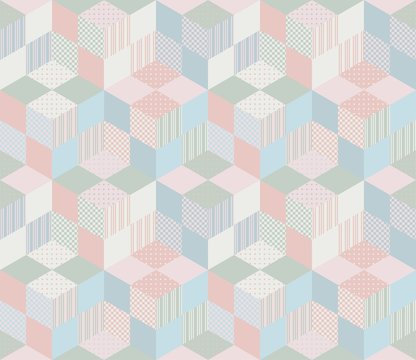 Seamless geometric patchwork pattern in pastel tones.