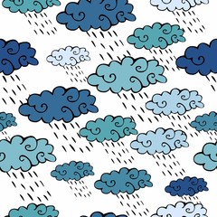 Vector seamless pattern with blue clouds and raindrops on white background.