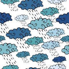 Rolgordijnen Vector seamless pattern with blue clouds and raindrops on white background. © Happy Dragon