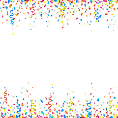 Celebration background with colorful confetti and party ribbons – seamless celebration borders on white background. Vector illustration.