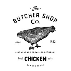 Fototapeta na wymiar Butcher Shop vintage emblem, chiken meat products, butchery Logo template retro style. Vintage Design for Logotype, Label, Badge and brand design. vector illustrati on isolated