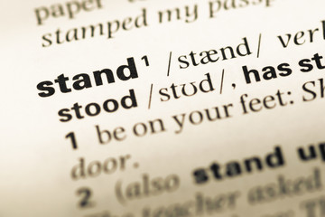 Fototapeta premium Close up of old English dictionary page with word stand