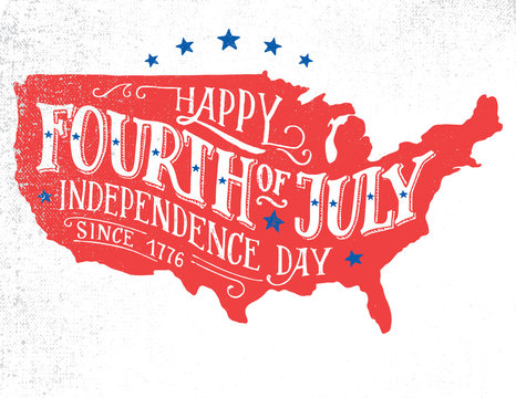 Happy Fourth of July. Independence day of the United States, 4th of July. Happy Birthday America. Hand-lettering greeting card on textured sketch of silhouette US map. Vintage typography illustration