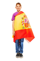 Proud boy covered with USA flag isolated on white