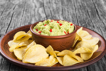 bowl of guacamole dip and potato chips