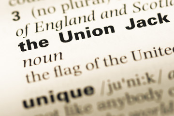 Obraz premium Close up of old English dictionary page with word the union jack