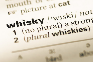 Close up of old English dictionary page with word whisky