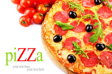 Pepperoni pizza with vegetables isolated on white