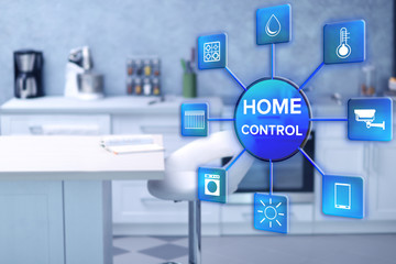 Smart home control concept. Modern kitchen interior with white furniture