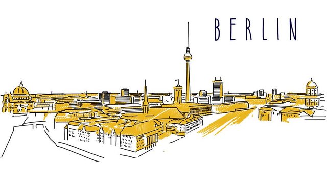 Berlin City Guide Animation Build-up, Build-Down, Colored Panoramic Sihouette with animated Headline Sample.