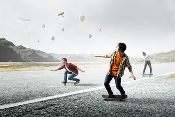 Young people riding skateboard