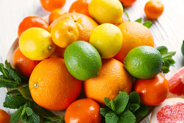 Set of different citrus fruit, close up