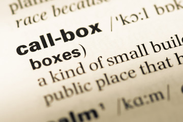 Fototapeta premium Close up of old English dictionary page with word call box