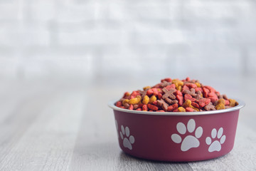 Bowl with dog food on the floor in front of brick wall background