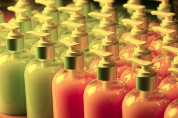 Composition with plastic bottles of body care and beauty product