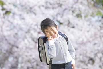 桜と新学期の男の子