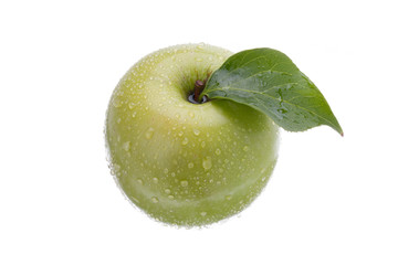 fresh green apple with leaf