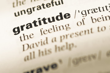 Close up of old English dictionary page with word gratitude
