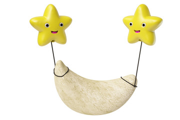 Two stars balloons hanging on the moon ,3D illustration.