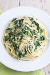 Spaghettis with spinach and Parmesan.