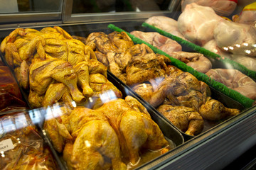chicken in display cabinet.
