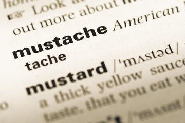 Close up of old English dictionary page with word mustache