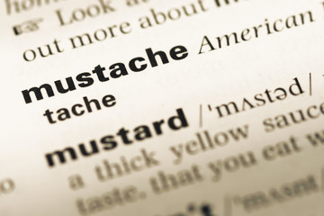 Fototapeta premium Close up of old English dictionary page with word mustache