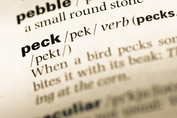 Close up of old English dictionary page with word peck