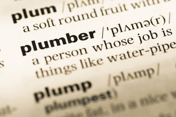 Close up of old English dictionary page with word plumber