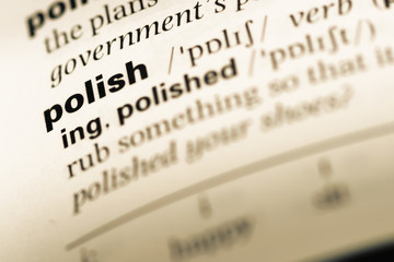 Close up of old English dictionary page with word polish