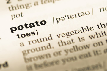 Close up of old English dictionary page with word potato