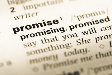 Close up of old English dictionary page with word promise