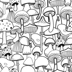 Black and white seamless pattern mushrooms for coloring book. Vector 