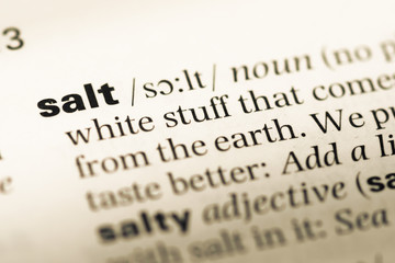 Close up of old English dictionary page with word salt