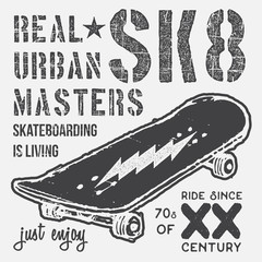 T-shirt typography design, skateboard printing graphics, typographic skateboarding vector illustration, Urban skaters graphic design for label or t-shirt print, Badge, Applique © saint_antonio