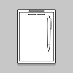 Empty blank clipboard with pen isolated on the gray background. Thin line vector illustration.