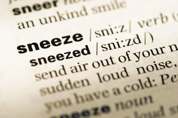 Close up of old English dictionary page with word sneeze