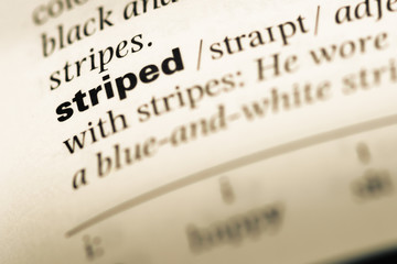 Close up of old English dictionary page with word striped