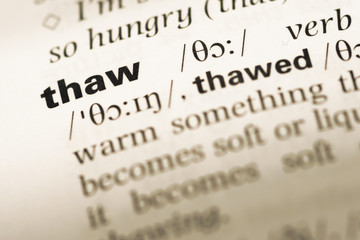 Close up of old English dictionary page with word thaw