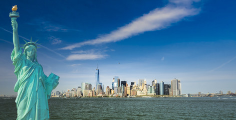 new york cityscape, tourism concept photograph statue of liberty, lower manhattan skyline