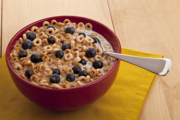 a bowl of breakfast cereals with fruits and milk