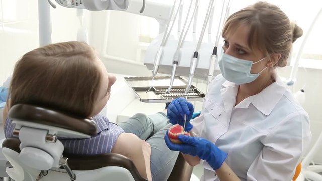 Dentist Demonstrating Model Teeth To Young Female Patient