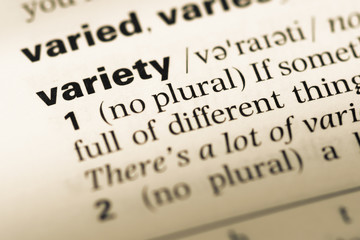 Obraz premium Close up of old English dictionary page with word variety