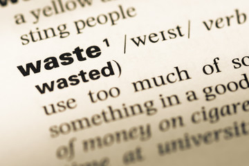 Close up of old English dictionary page with word waste