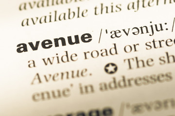 Obraz premium Close up of old English dictionary page with word avenue