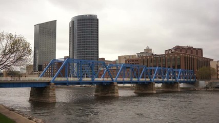 Blue Bridge Grand River Rapids Michigan Downtown City Skyline 