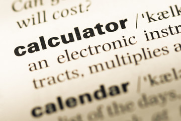 Close up of old English dictionary page with word calculator