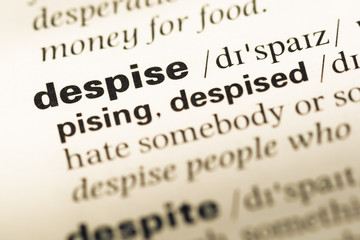 Obraz premium Close up of old English dictionary page with word despise