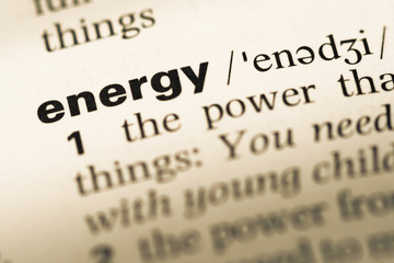Close up of old English dictionary page with word energy