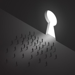 A group of tiny people walking to a key gate. Business concept.